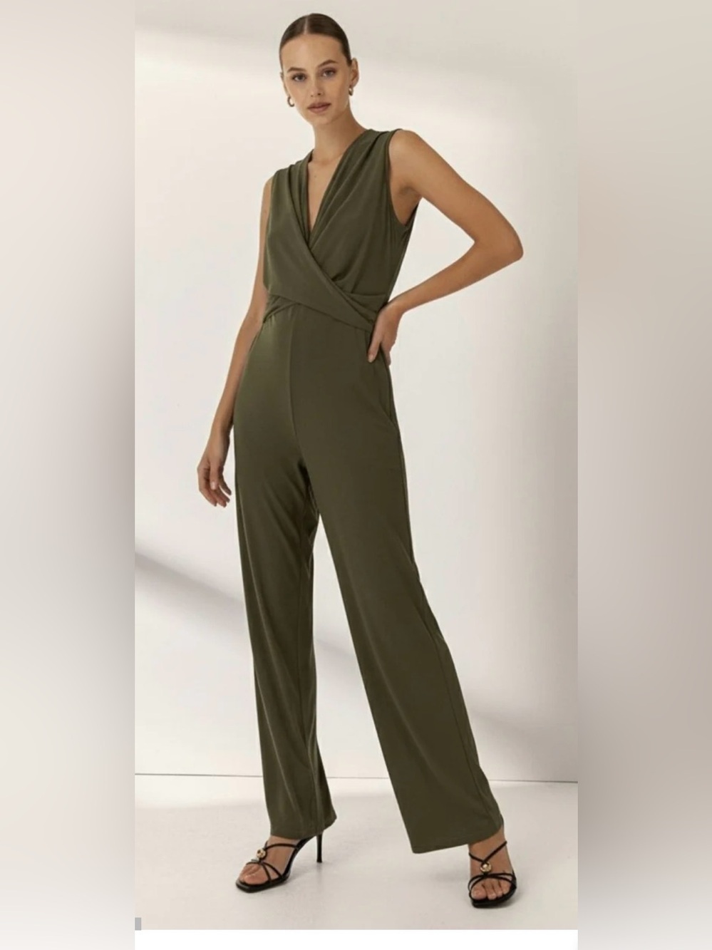 ANTONIO MELANI Olive Sleeveless V-Neck Wide-Leg Jumpsuit